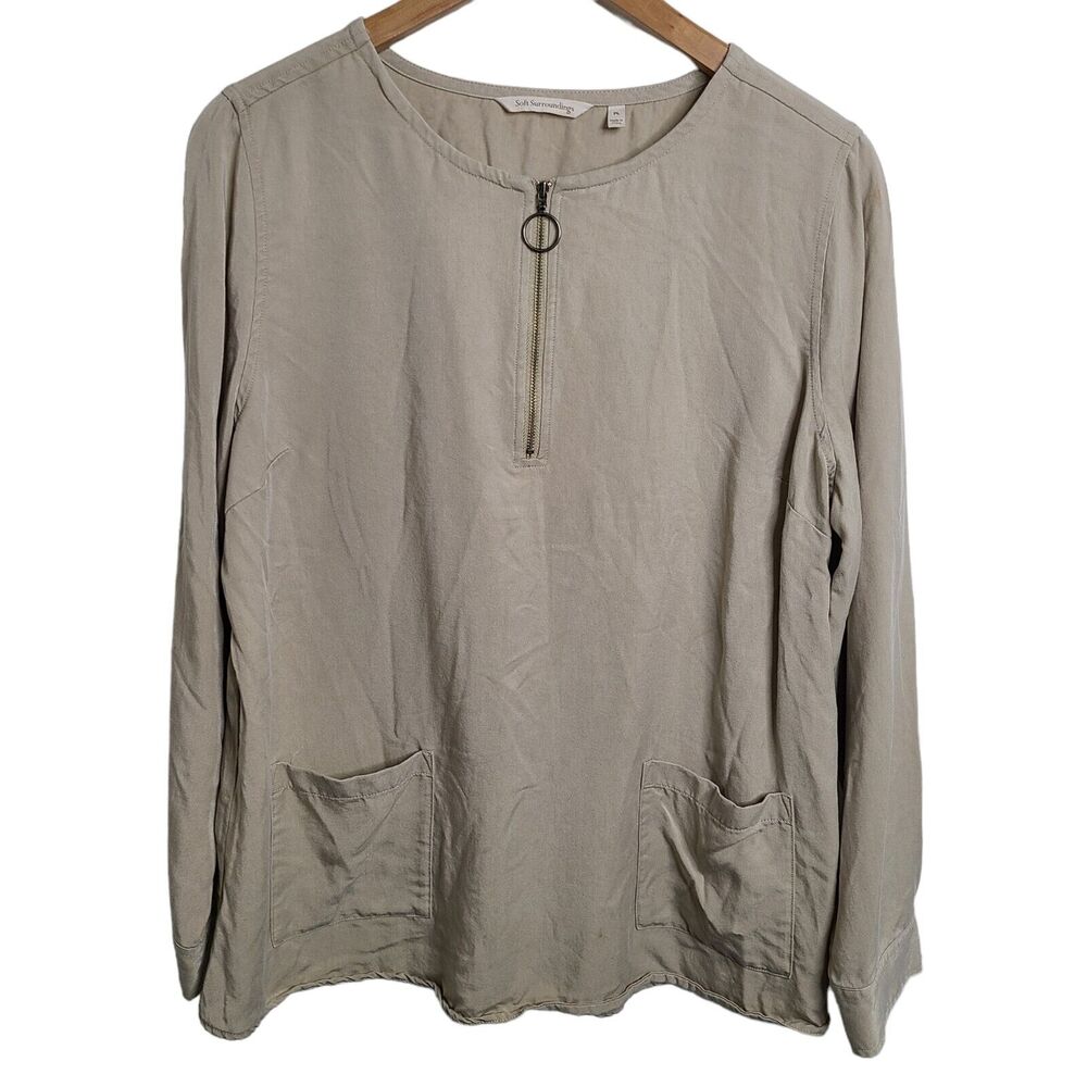 Soft Surroundings Women Large Petite Blouse Tan Long Sleeve Woven 1/2 Zip *Read*